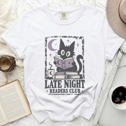 Black cat reading a book with "Late Night Readers Club" text.