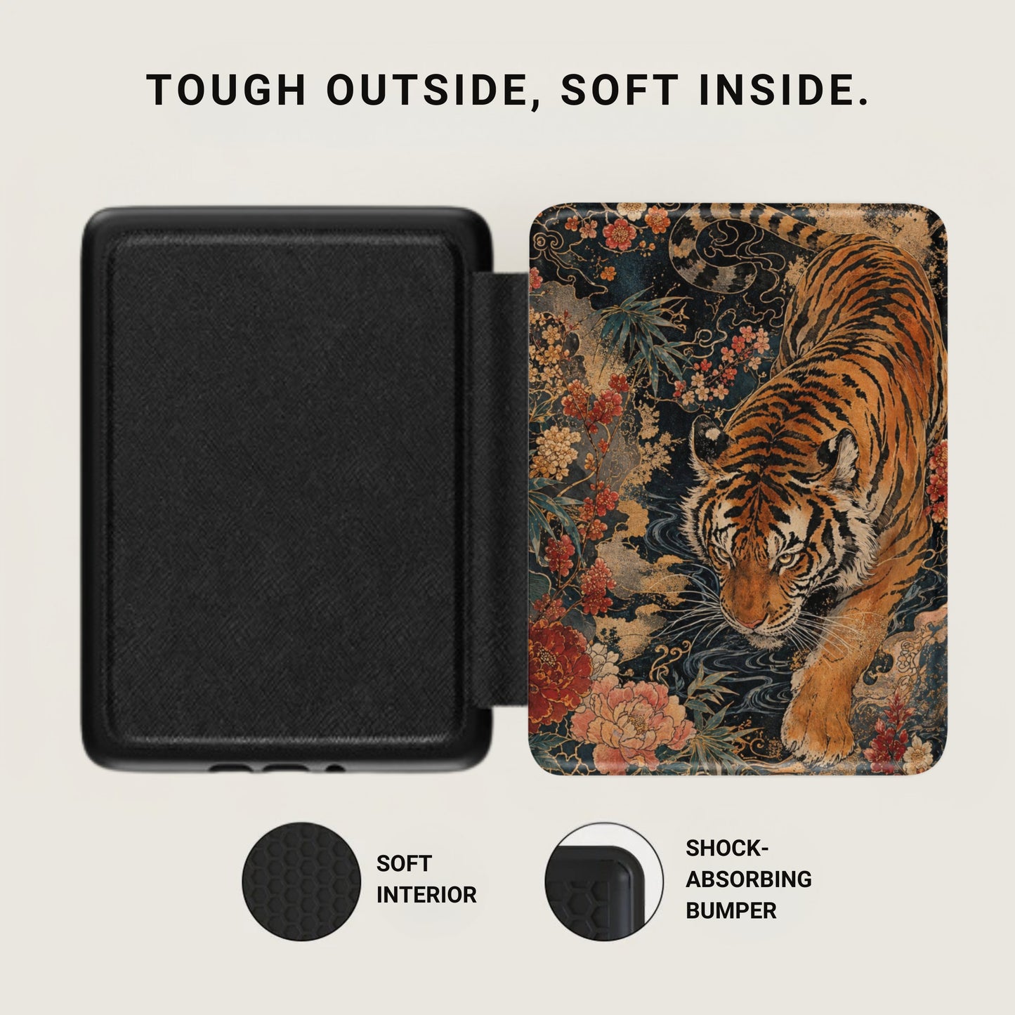 Black case with tiger and floral print on right, text "TOUGH OUTSIDE, SOFT INSIDE."