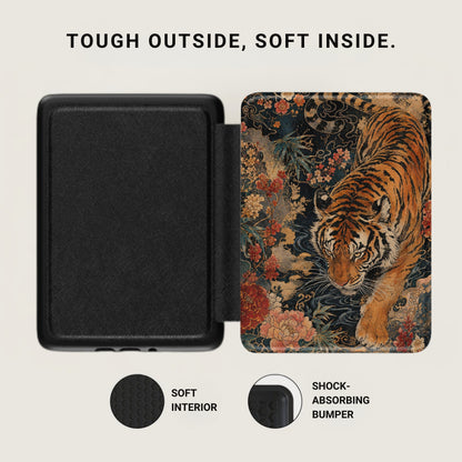 Black case with tiger and floral print on right, text "TOUGH OUTSIDE, SOFT INSIDE."
