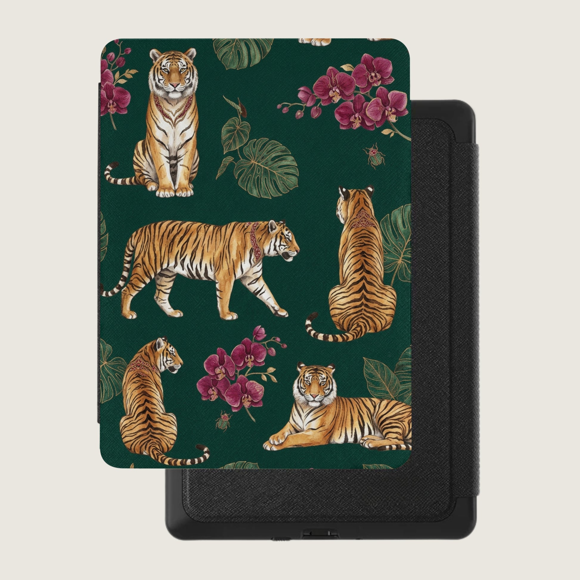 Tigers and orchids pattern on a dark green background with a black textured case.