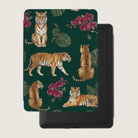 Tigers and orchids pattern on a dark green background with a black textured case.