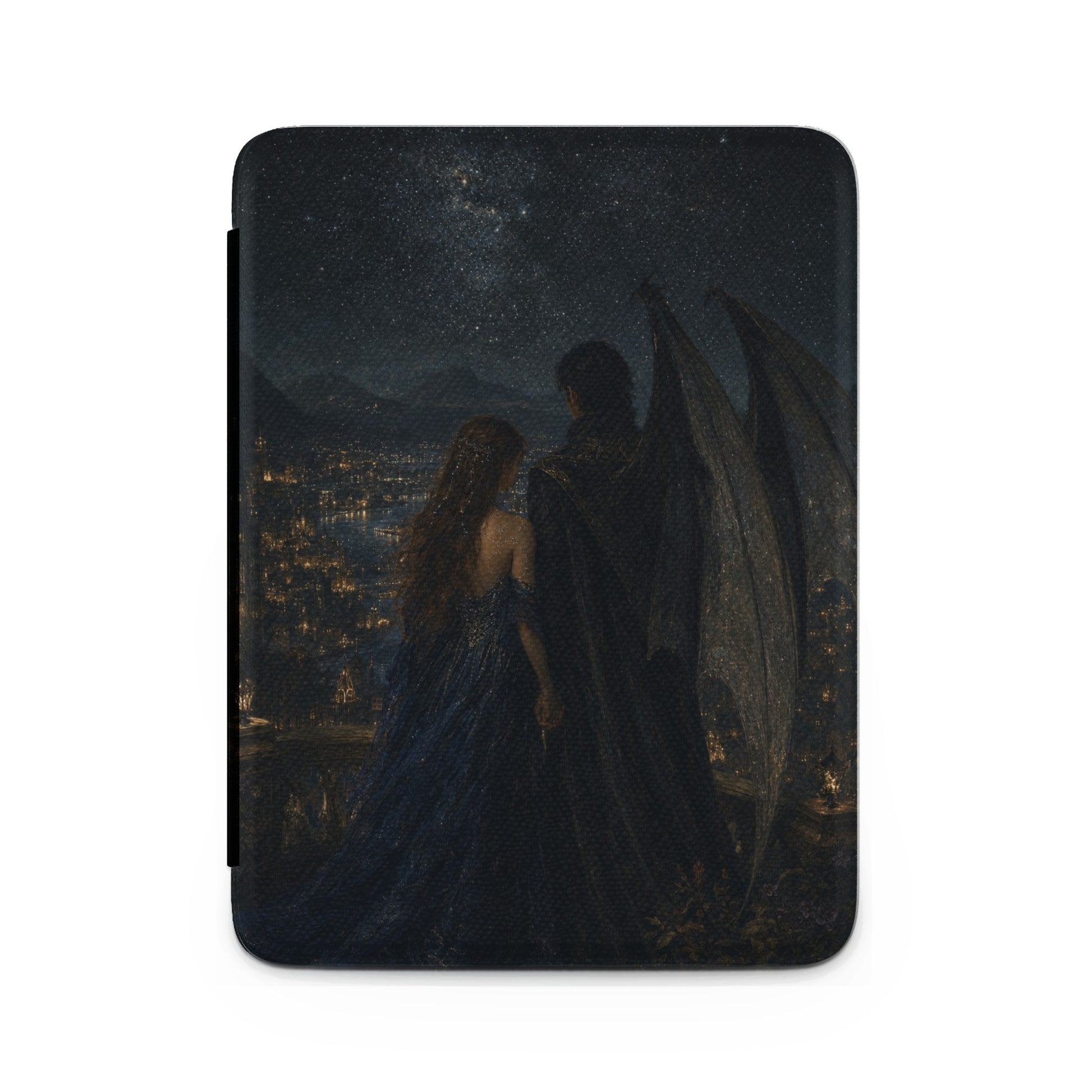Fantasy illustration of a winged figure and woman overlooking a city at night.