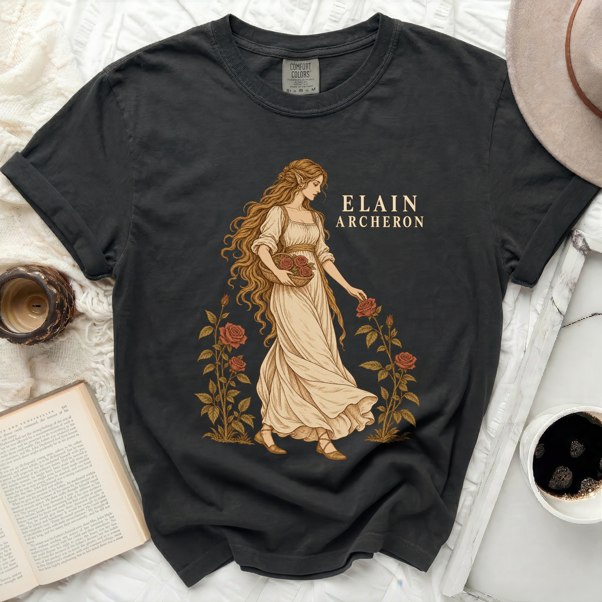 Dark grey t-shirt with Elain Archeron graphic and roses, text "ELAIN ARCHERON".