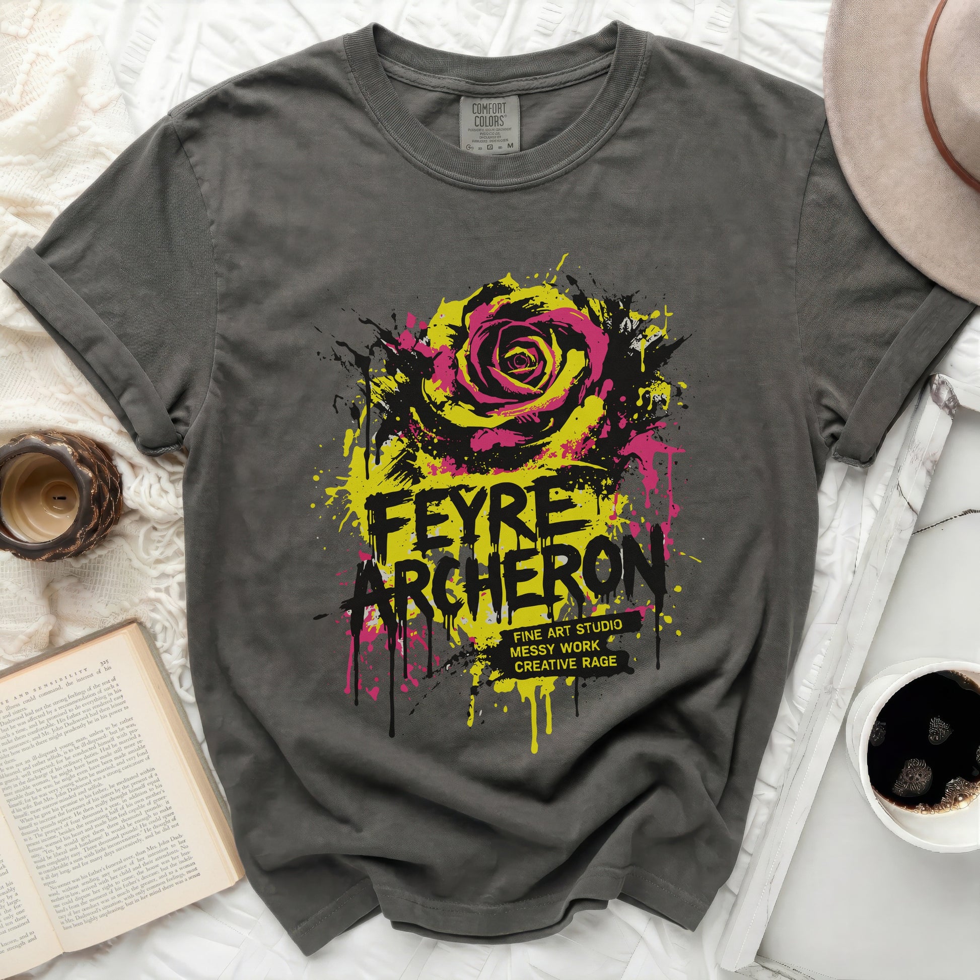 Dark grey t-shirt with yellow and pink abstract rose graphic and "Feyre Archeron" text.