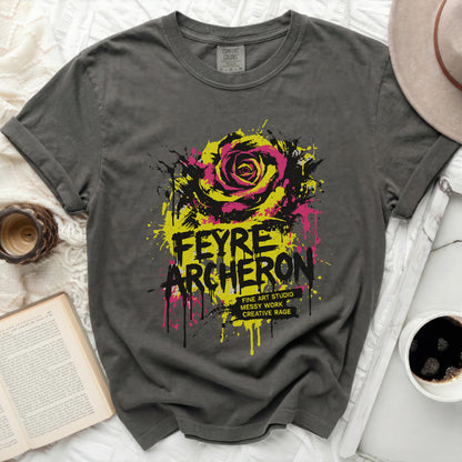 Dark grey t-shirt with yellow and pink abstract rose graphic and "Feyre Archeron" text.