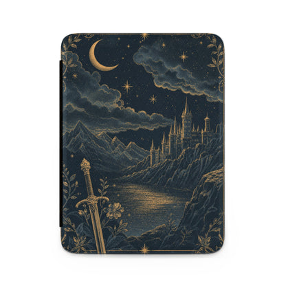 Sword, castle, and moonlit landscape design on a dark blue background.