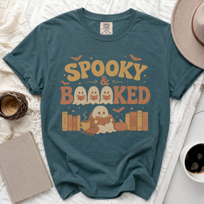 Teal t-shirt with "Spooky & Booked" text and ghosts reading books.