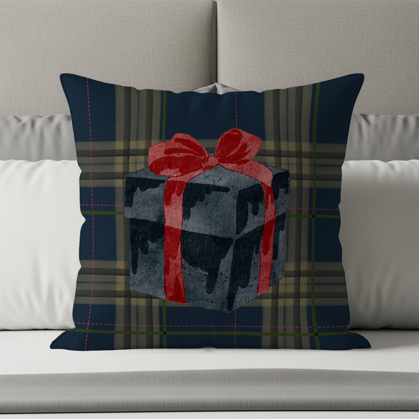 Festive Throw Pillow with Wrapped Gift Box Design