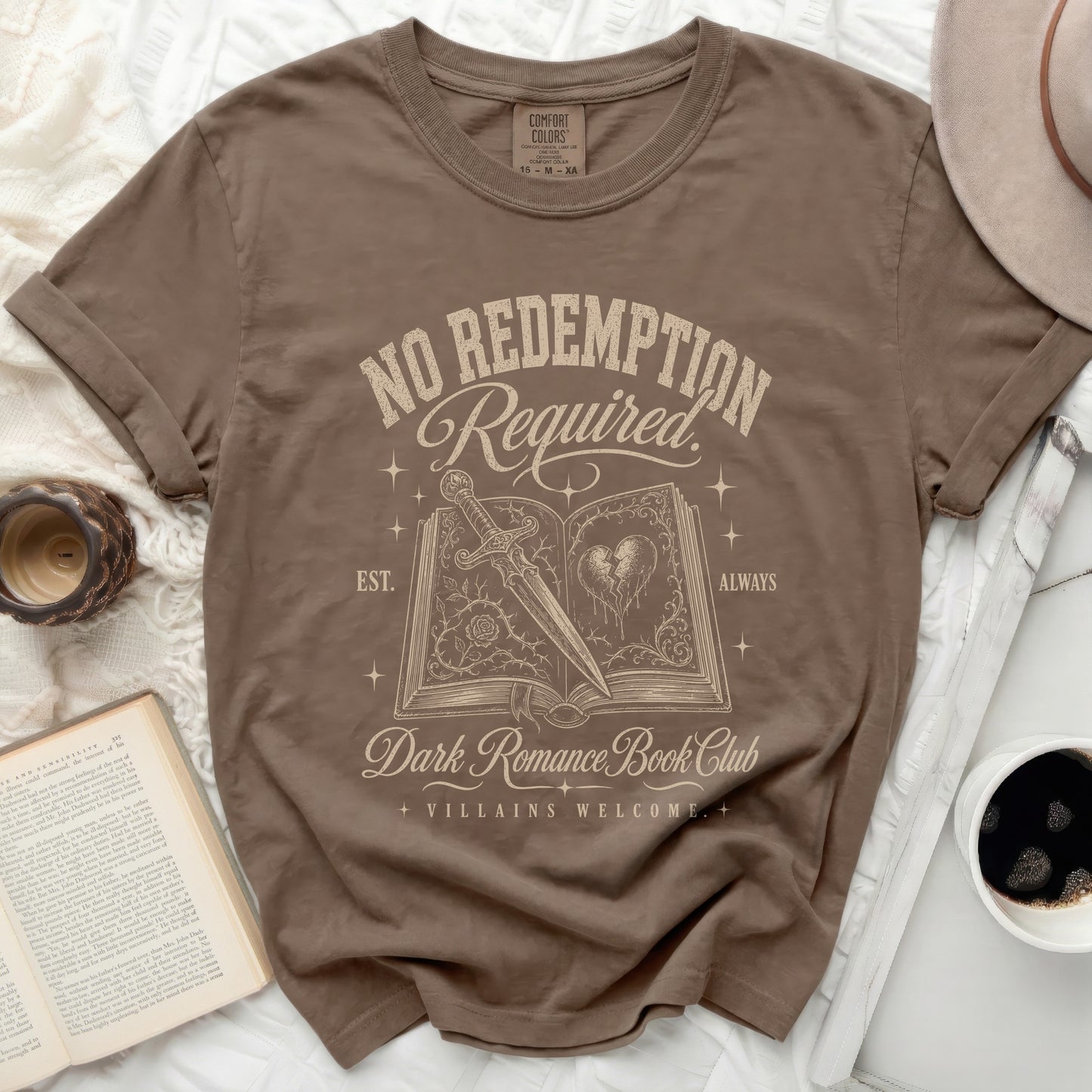 T-shirt with "No Redemption Required" and "Dark Romance Book Club" text.