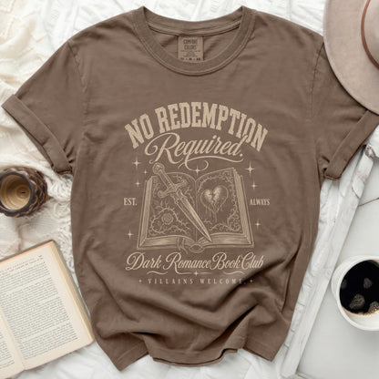 T-shirt with "No Redemption Required" and "Dark Romance Book Club" text.