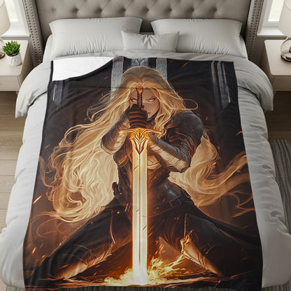 Epic Illustration of Warrior with Flaming Sword Blanket