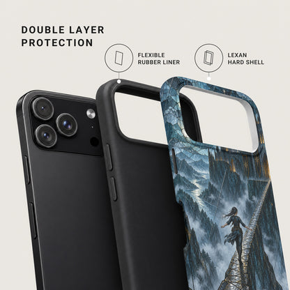 A smartphone case separated into its two layers, featuring a flexible rubber liner and a decorative hard shell.