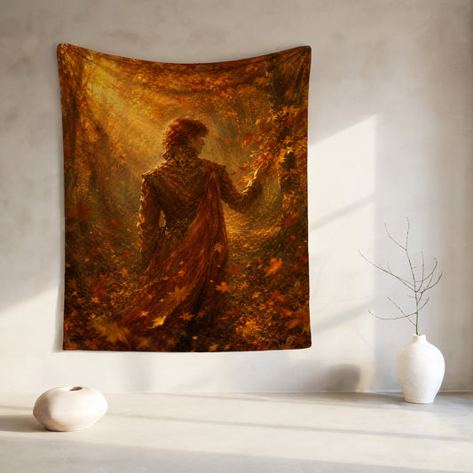 Tapestry art with a person in a forest of autumn leaves.