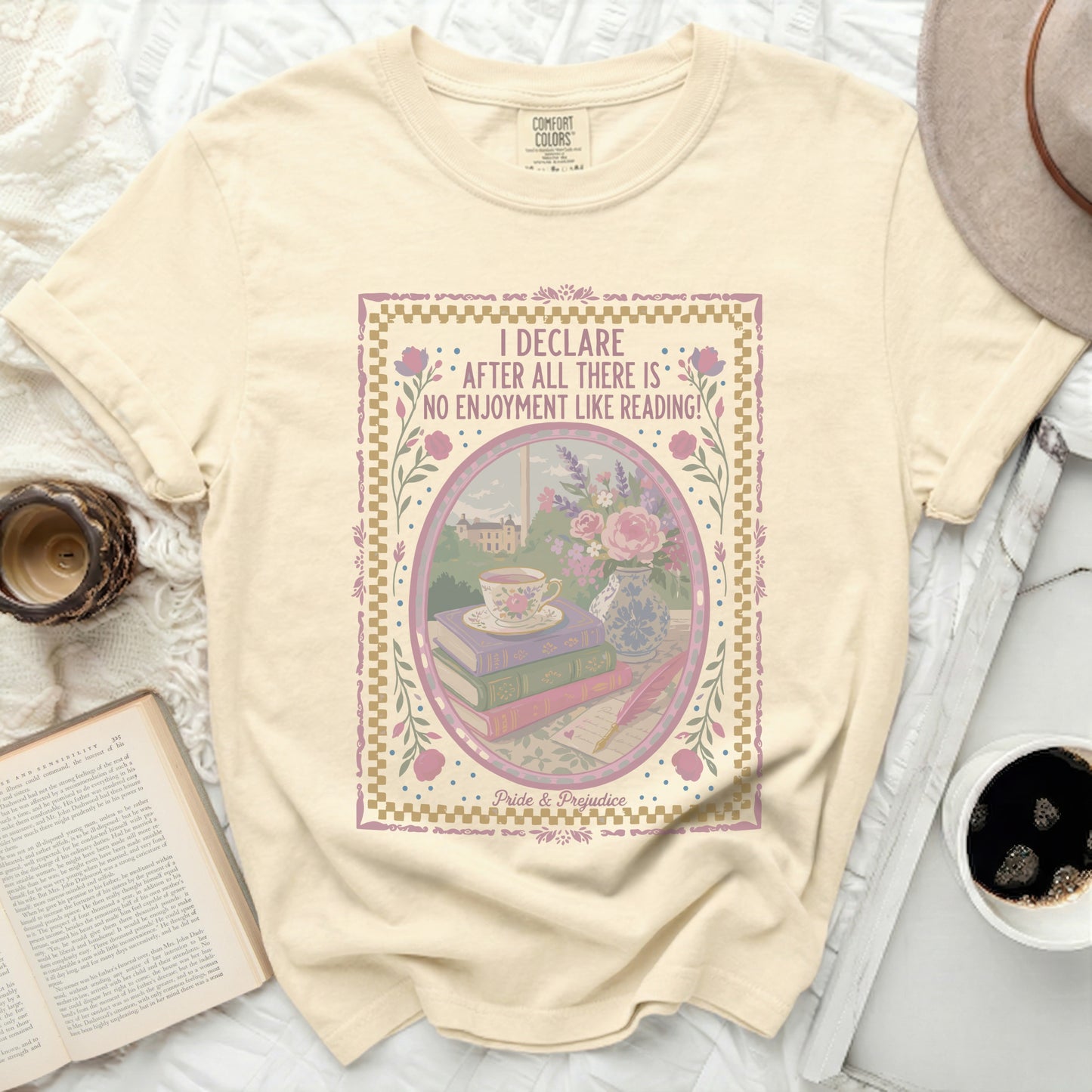 Cream t-shirt with "I Declare After All There Is No Enjoyment Like Reading!" graphic.