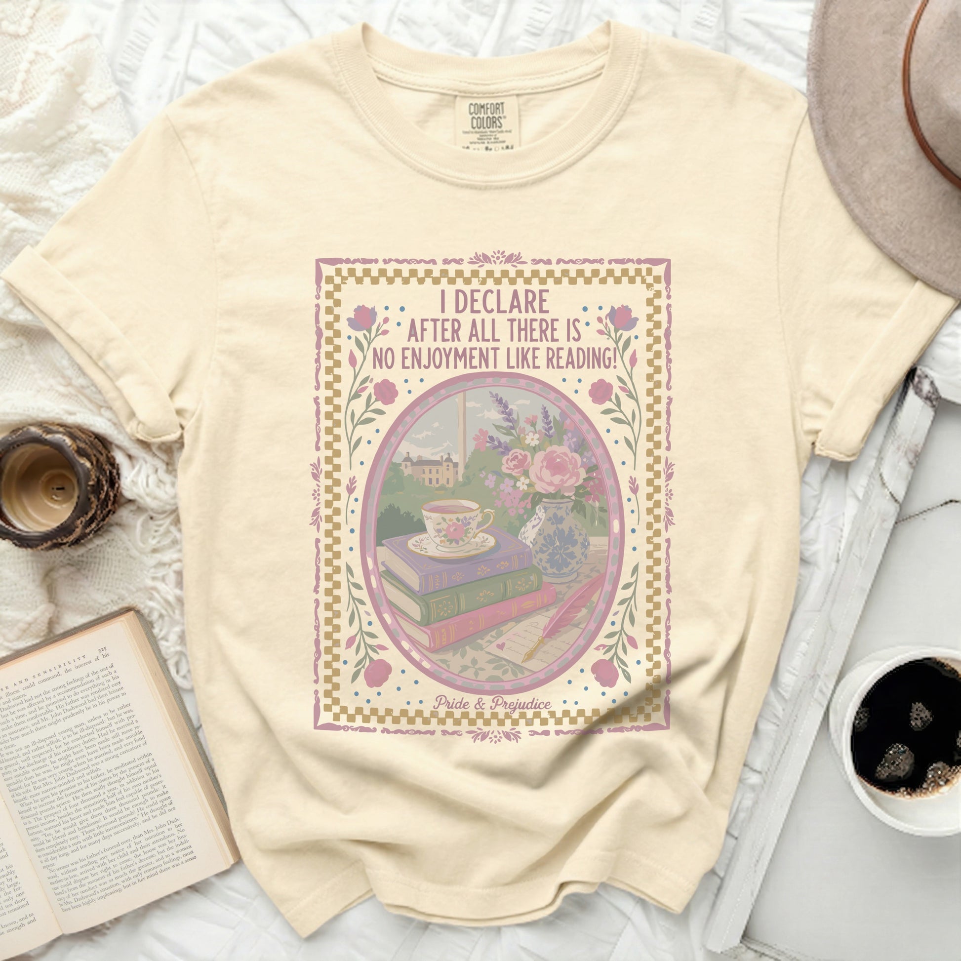 Cream t-shirt with "I Declare After All There Is No Enjoyment Like Reading!" graphic.