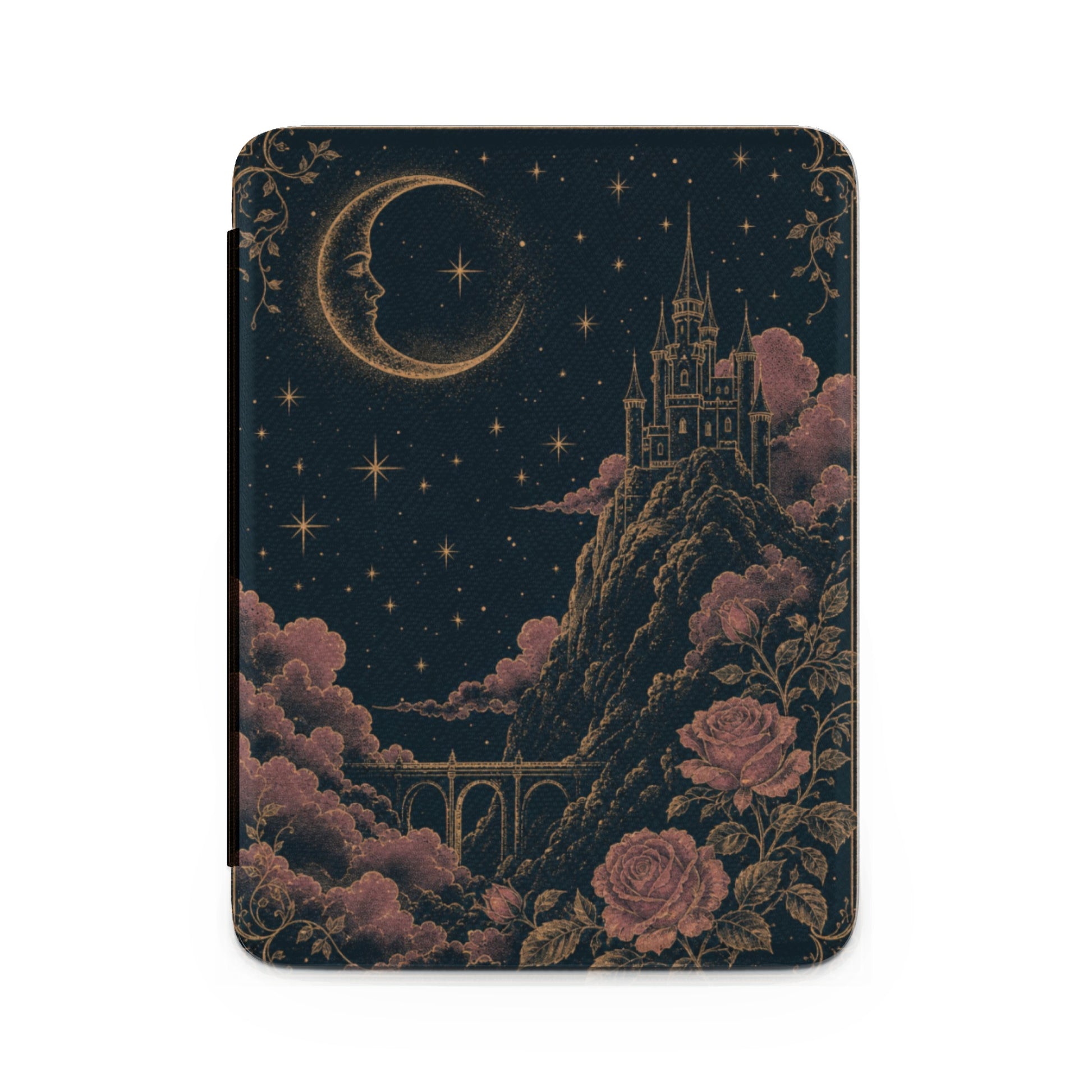 Moon and castle under starry sky with roses and clouds