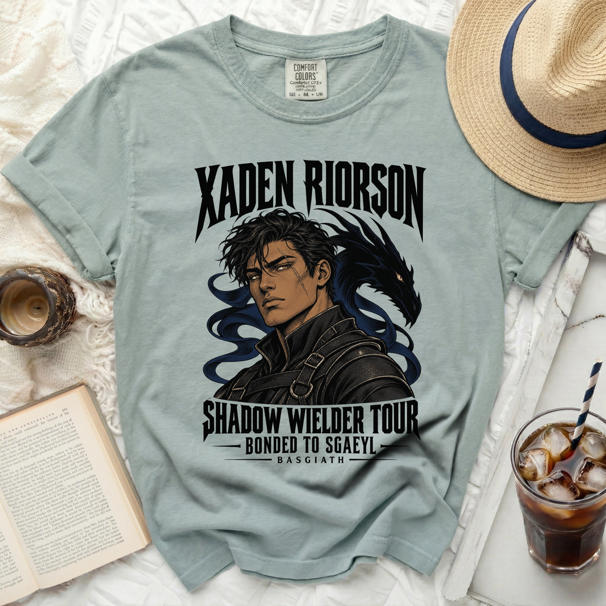 T-shirt graphic featuring Xaden Riorson and a dragon with text "Shadow Wielder Tour."