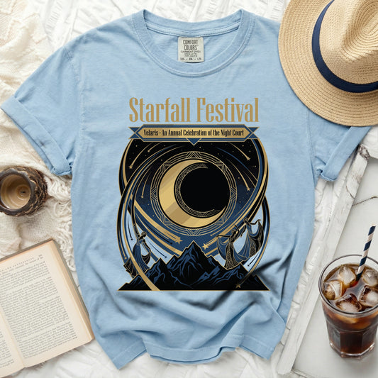 Light blue t-shirt with Starfall Festival graphic and text "Velaris An Annual Celebration of the Night Court".