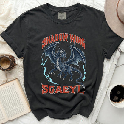 Dark t-shirt with a blue dragon graphic and text "SHADOW WING SGAEYL".