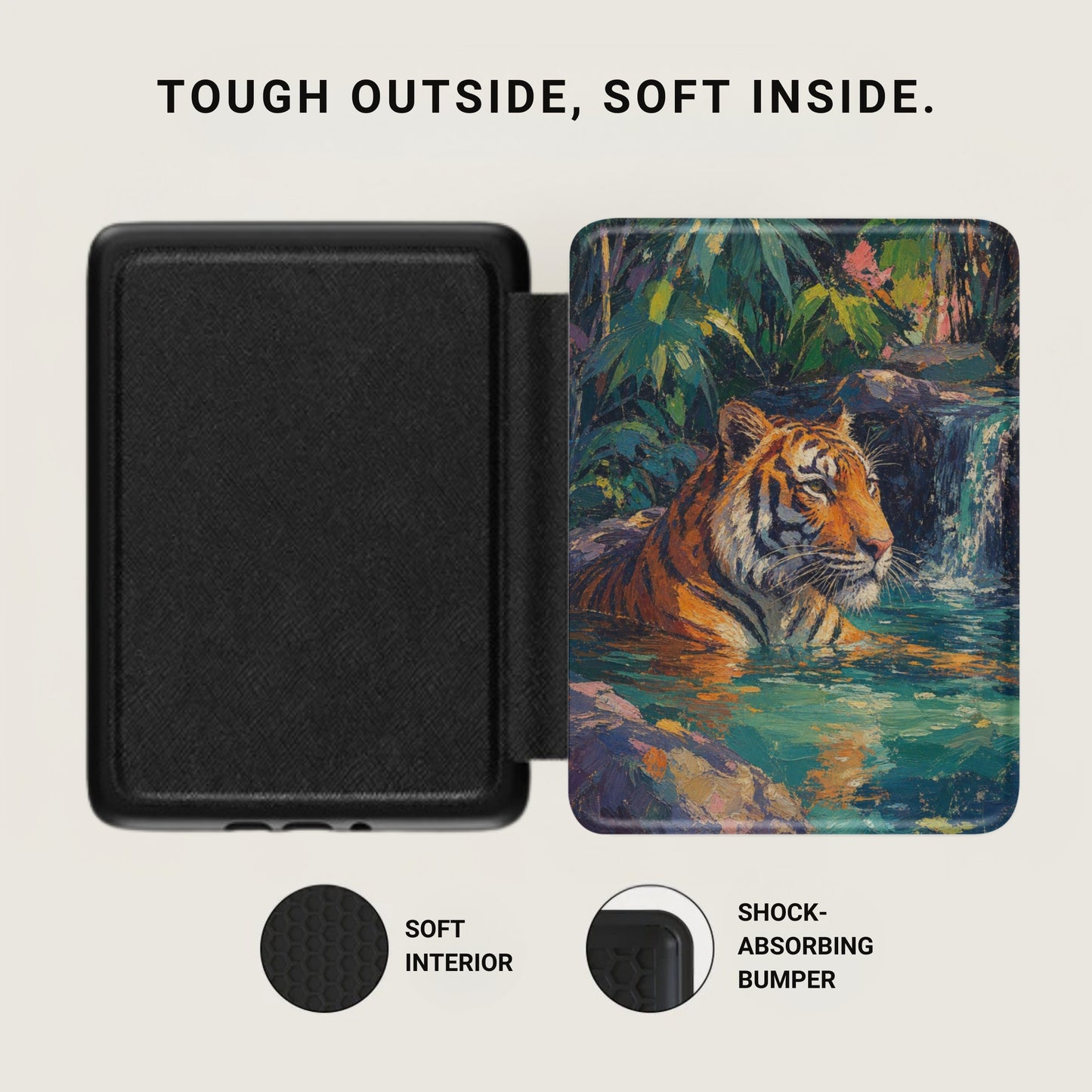 Black case with tiger waterfall artwork, soft interior, and shock-absorbing bumper.