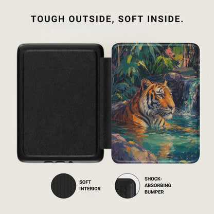 Black case with tiger waterfall artwork, soft interior, and shock-absorbing bumper.