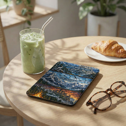 A Kindle skin featuring fantasy artwork with three horizontal panels showing castles and mountains, placed on a wooden table.