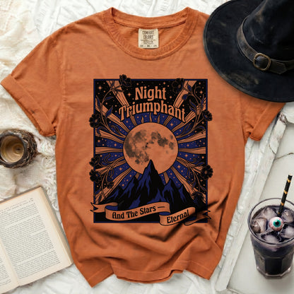 Orange t-shirt with "Night Triumphant And The Stars Eternal" graphic.