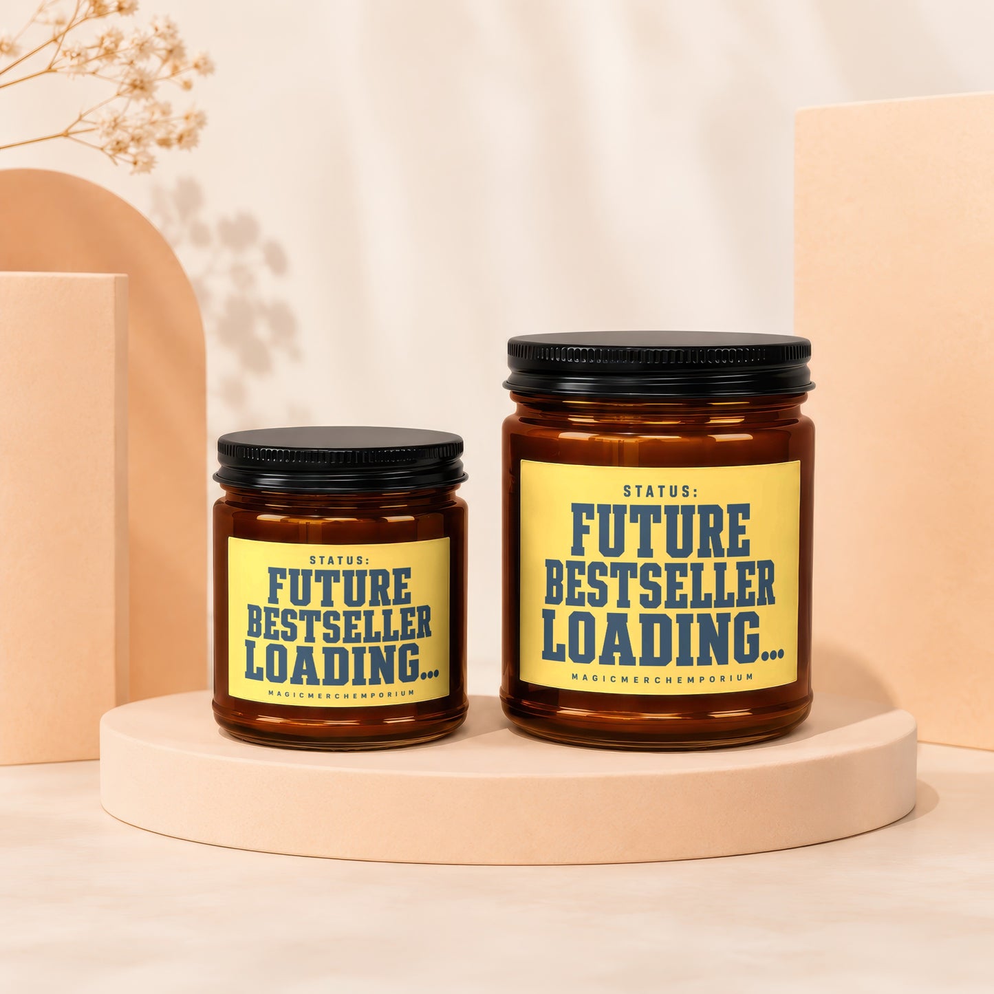 Two amber jars with black lids display yellow labels reading "STATUS: FUTURE BESTSELLER LOADING... MAGICMERCHEMPORIUM".