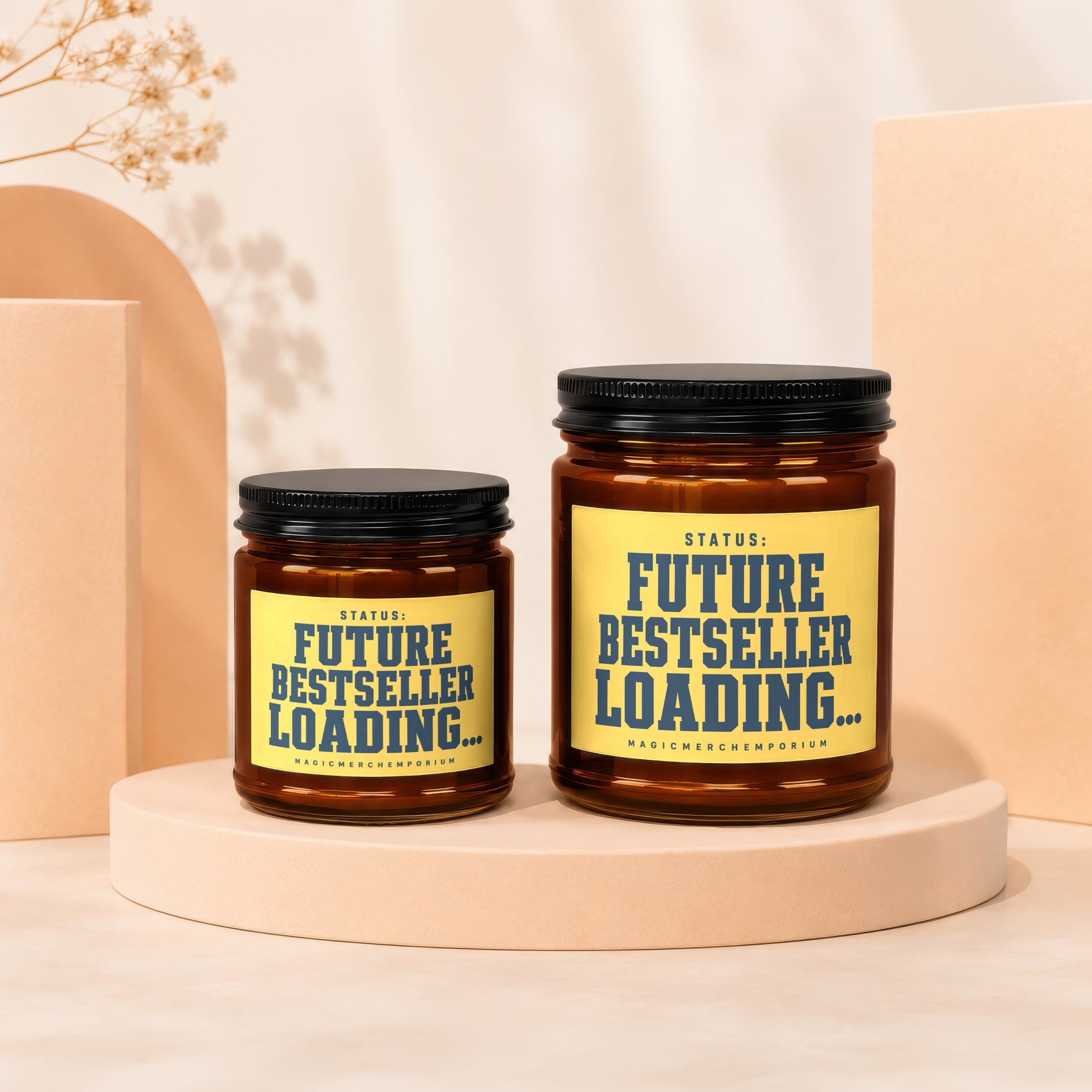 Two amber jars with black lids display yellow labels reading "STATUS: FUTURE BESTSELLER LOADING... MAGICMERCHEMPORIUM".