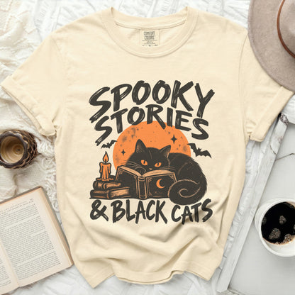 Cream t-shirt with "Spooky Stories & Black Cats" text and Halloween cat graphic.