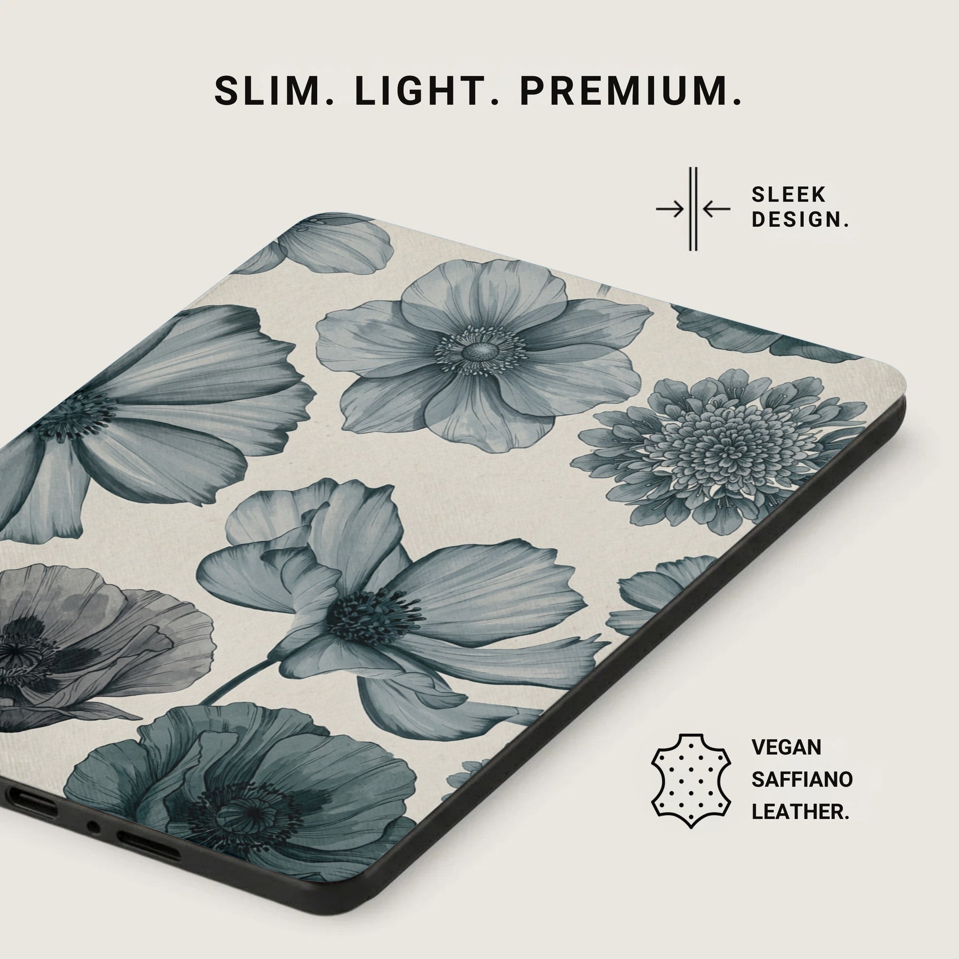 Phone case with blue floral pattern, vegan saffiano leather, and sleek design.