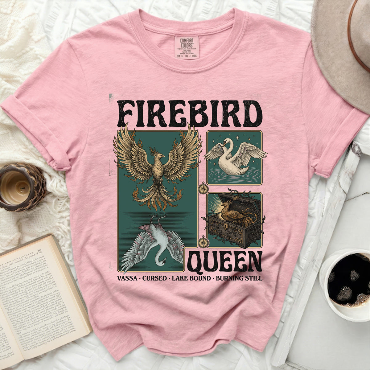 Pink t-shirt with "Firebird Queen" graphic featuring phoenix, swan, and bird in chest.