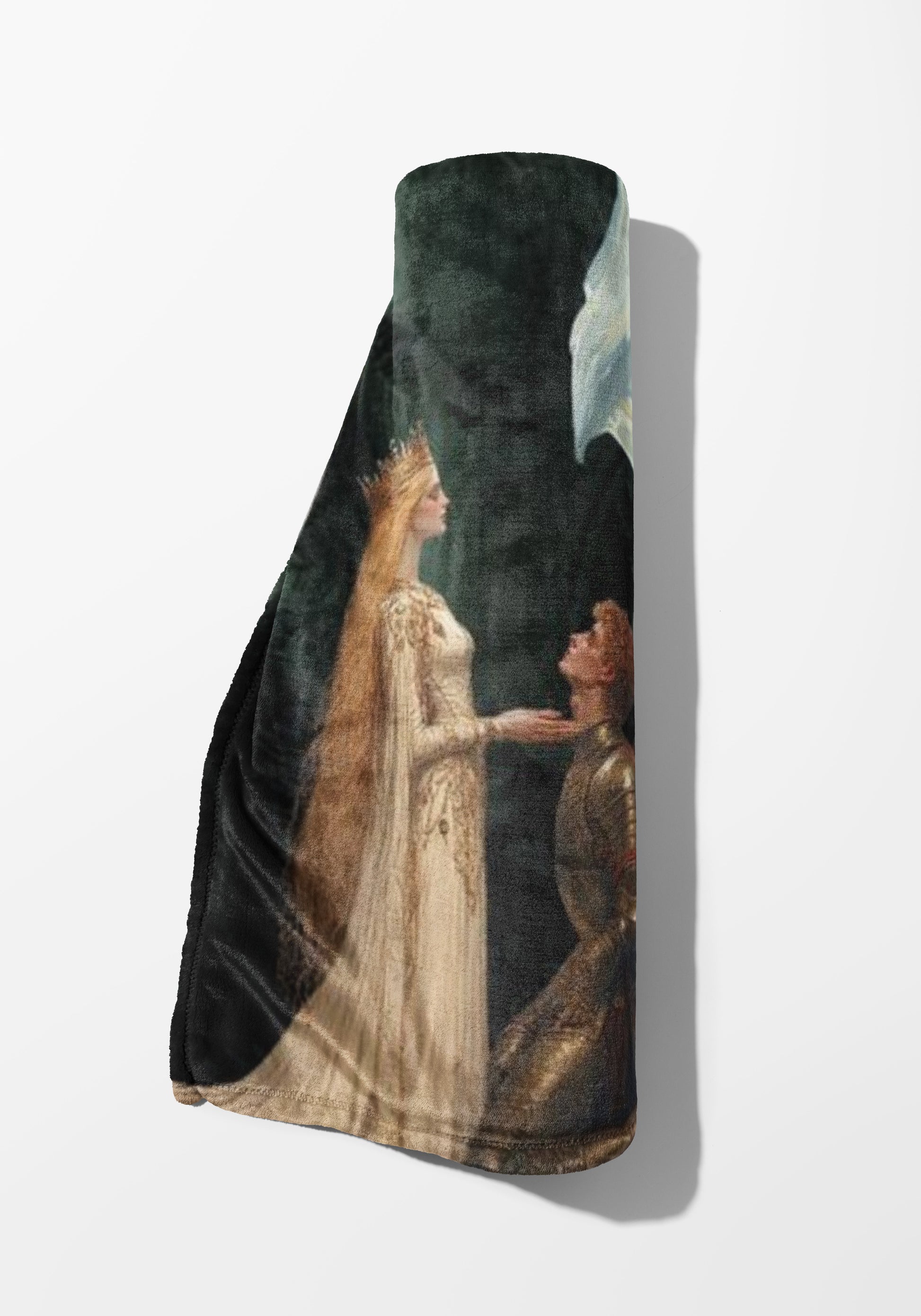 Rolled fleece blanket featuring a regal queen and kneeling knight artwork.
