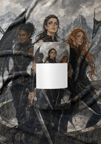 Three women in dark armor with swords stand before a mountainous landscape under a cloudy sky.