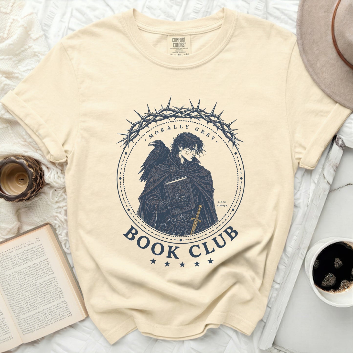 Cream t-shirt with "Morally Grey Book Club" circular graphic.