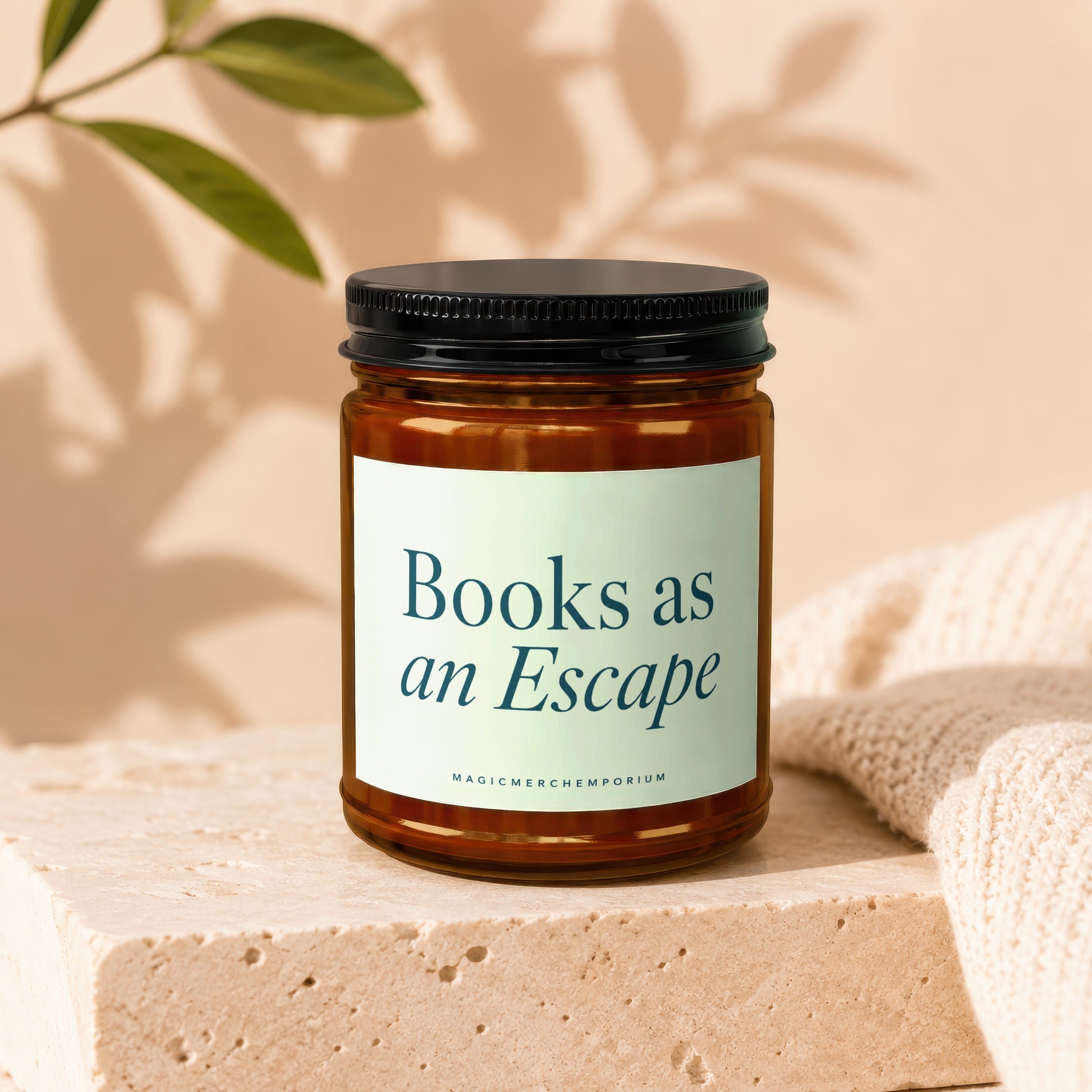 Brown glass candle with cream label reading "Books as an Escape".