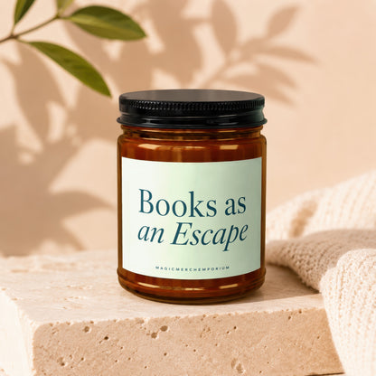 Brown glass candle with cream label reading "Books as an Escape".