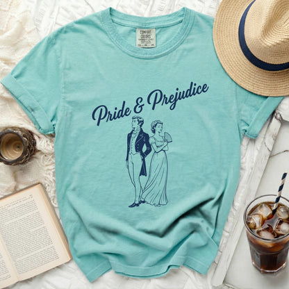 Teal t-shirt with "Pride & Prejudice" and a couple illustration.