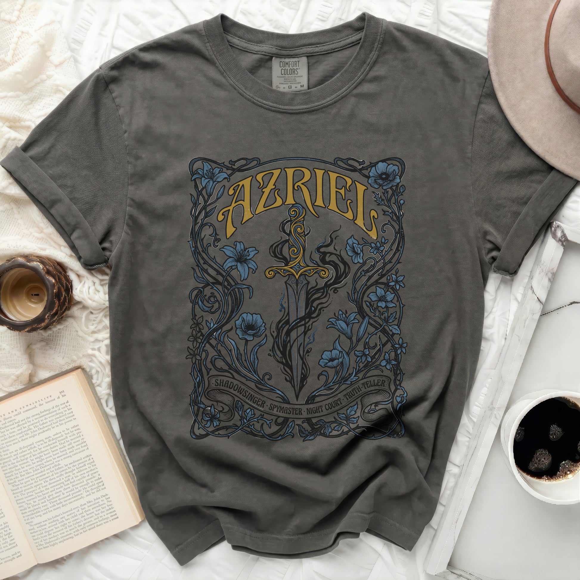 Dark grey Comfort Colors t-shirt with Azriel fantasy art and text.