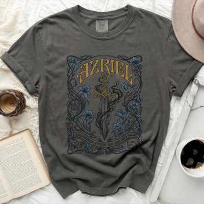 Dark grey Comfort Colors t-shirt with Azriel fantasy art and text.