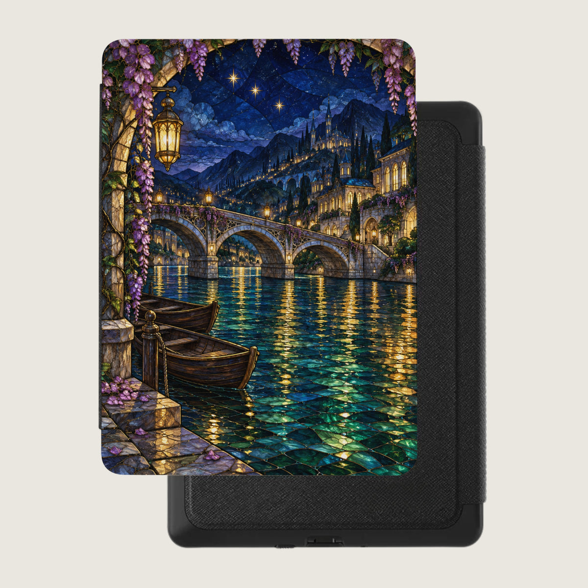 Stained glass style art of a bridge over water with boats and a castle town at night.