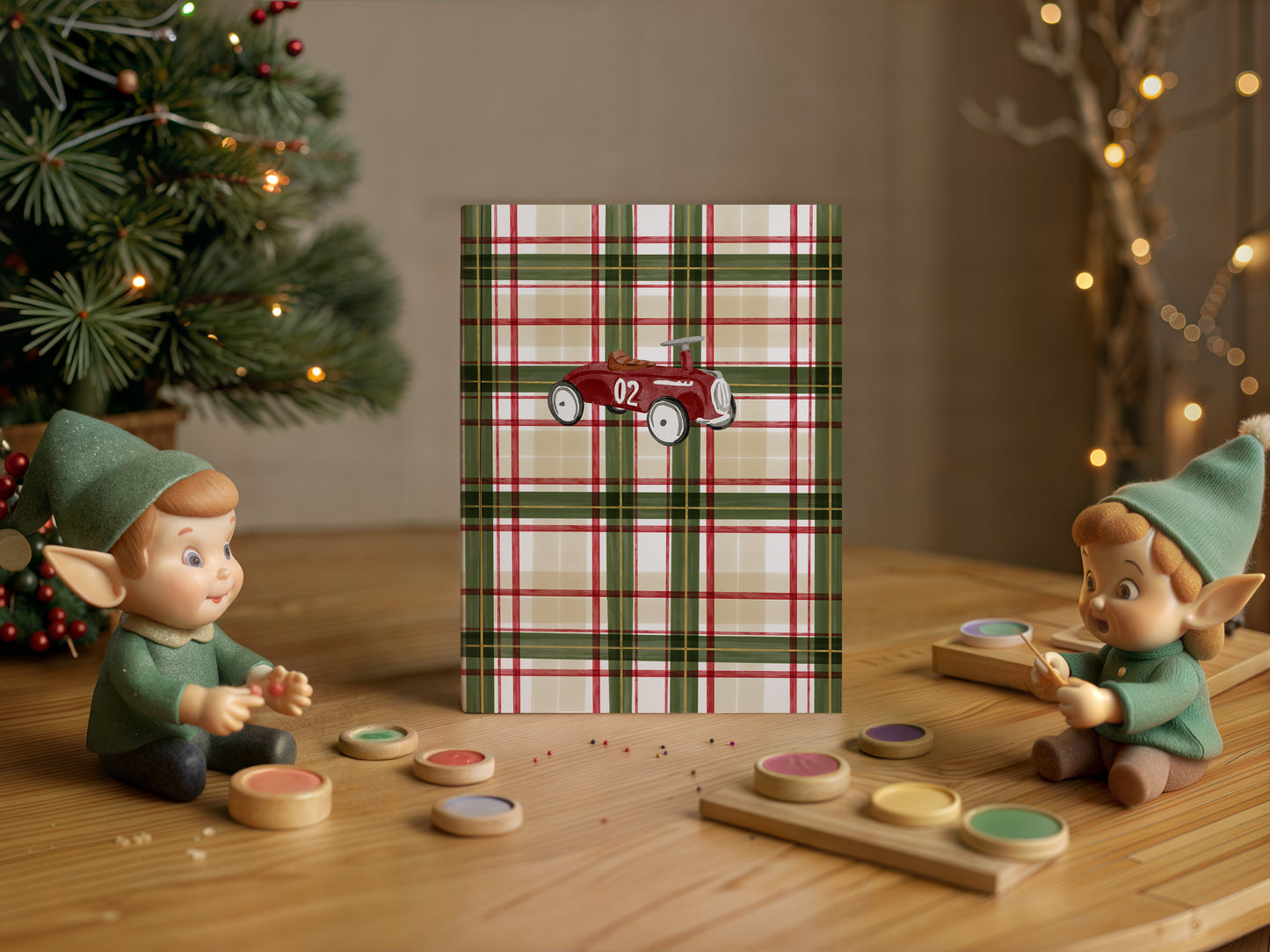 Festive Plaid Theme with Red Car Design Holiday Card