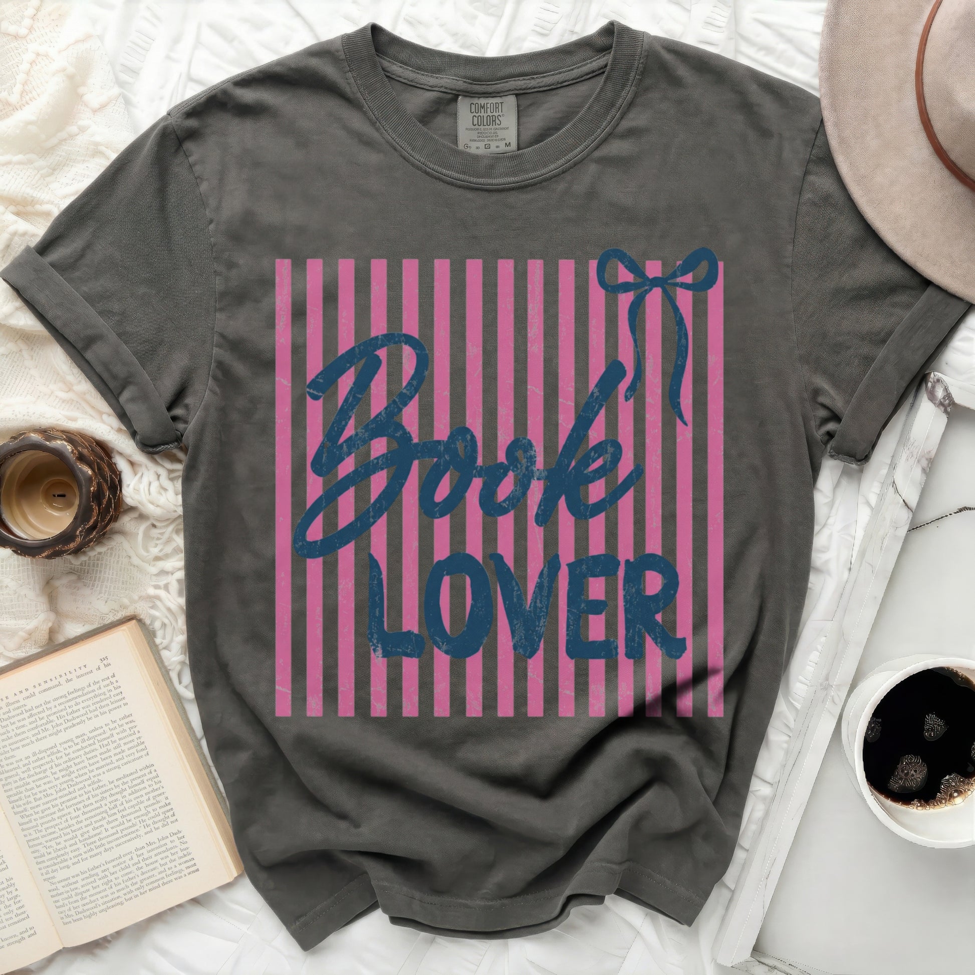 Dark gray t-shirt with pink stripes and "Book Lover" text.
