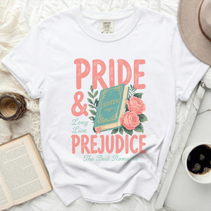 Comfort Colors white t-shirt with Pride and Prejudice graphic.