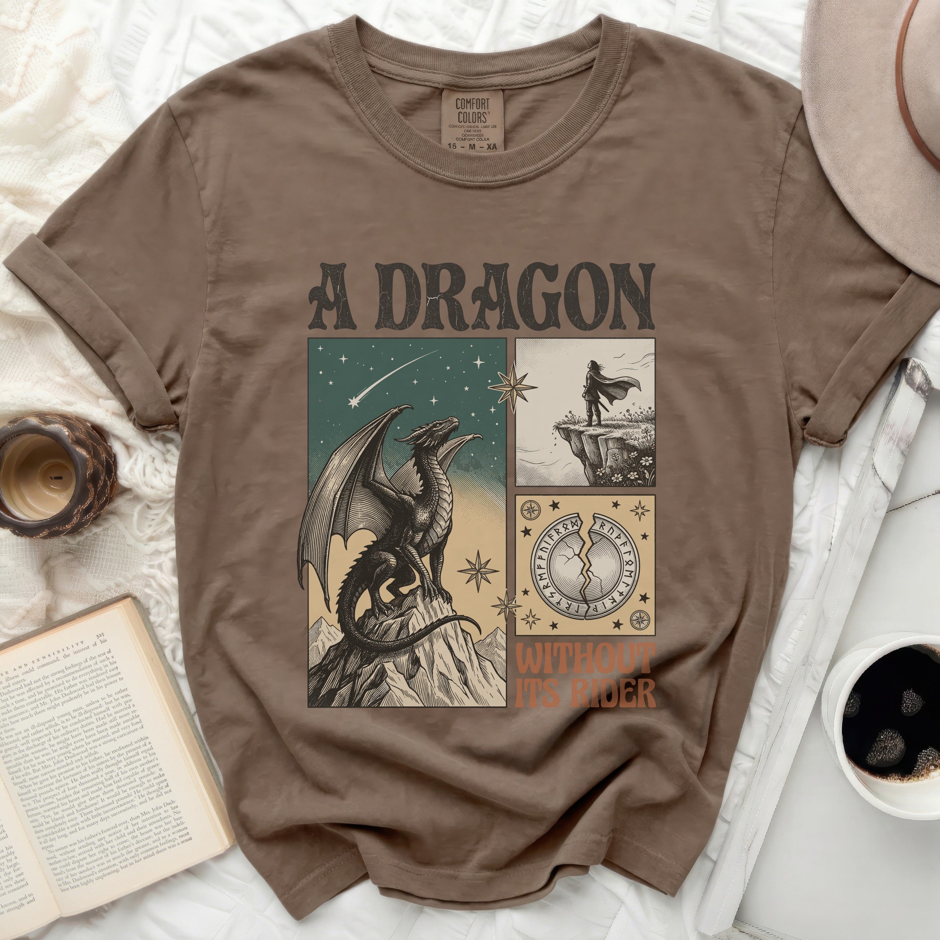 T-shirt graphic of a dragon, knight, and compass with text 