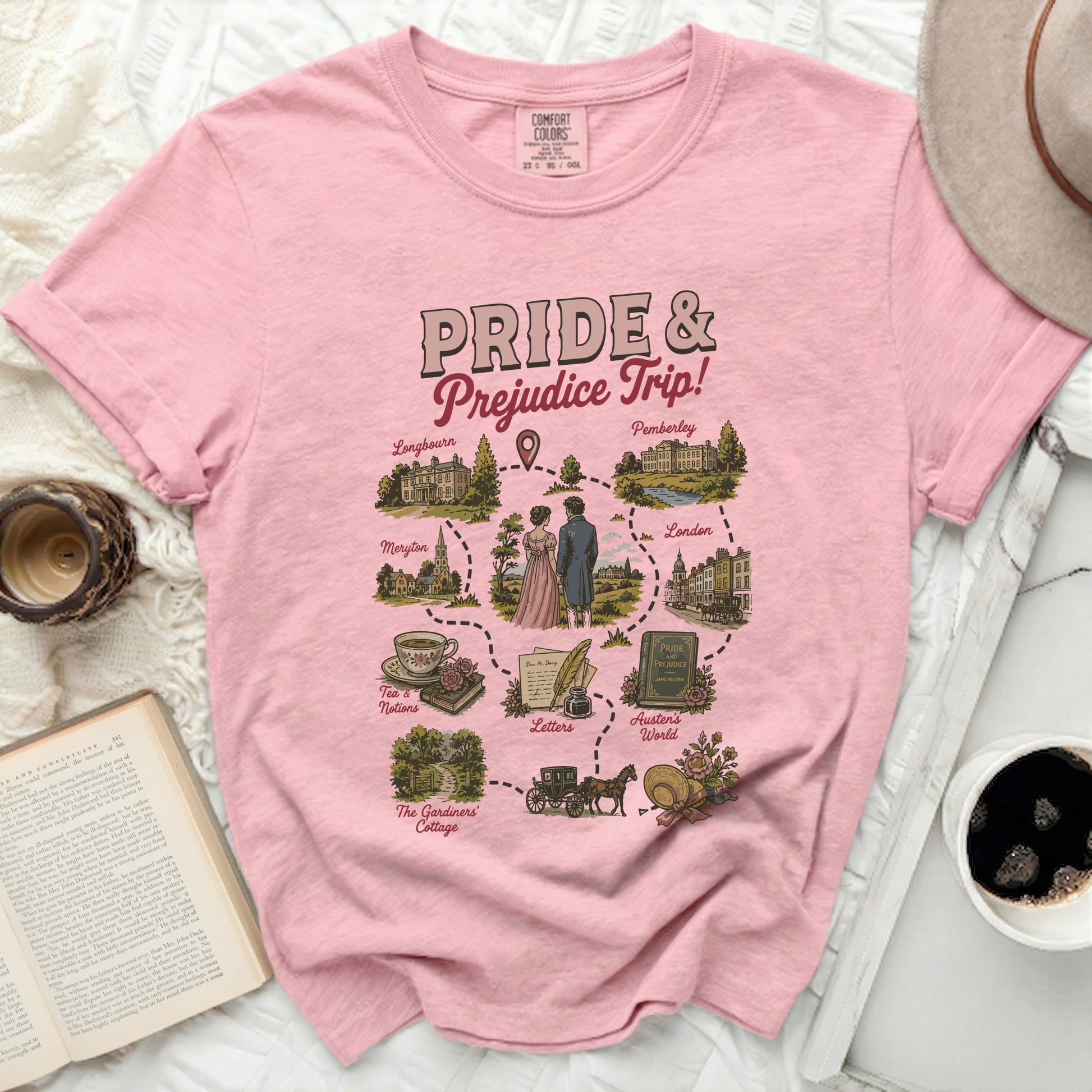 Pink t-shirt with a map of Pride and Prejudice locations and characters.