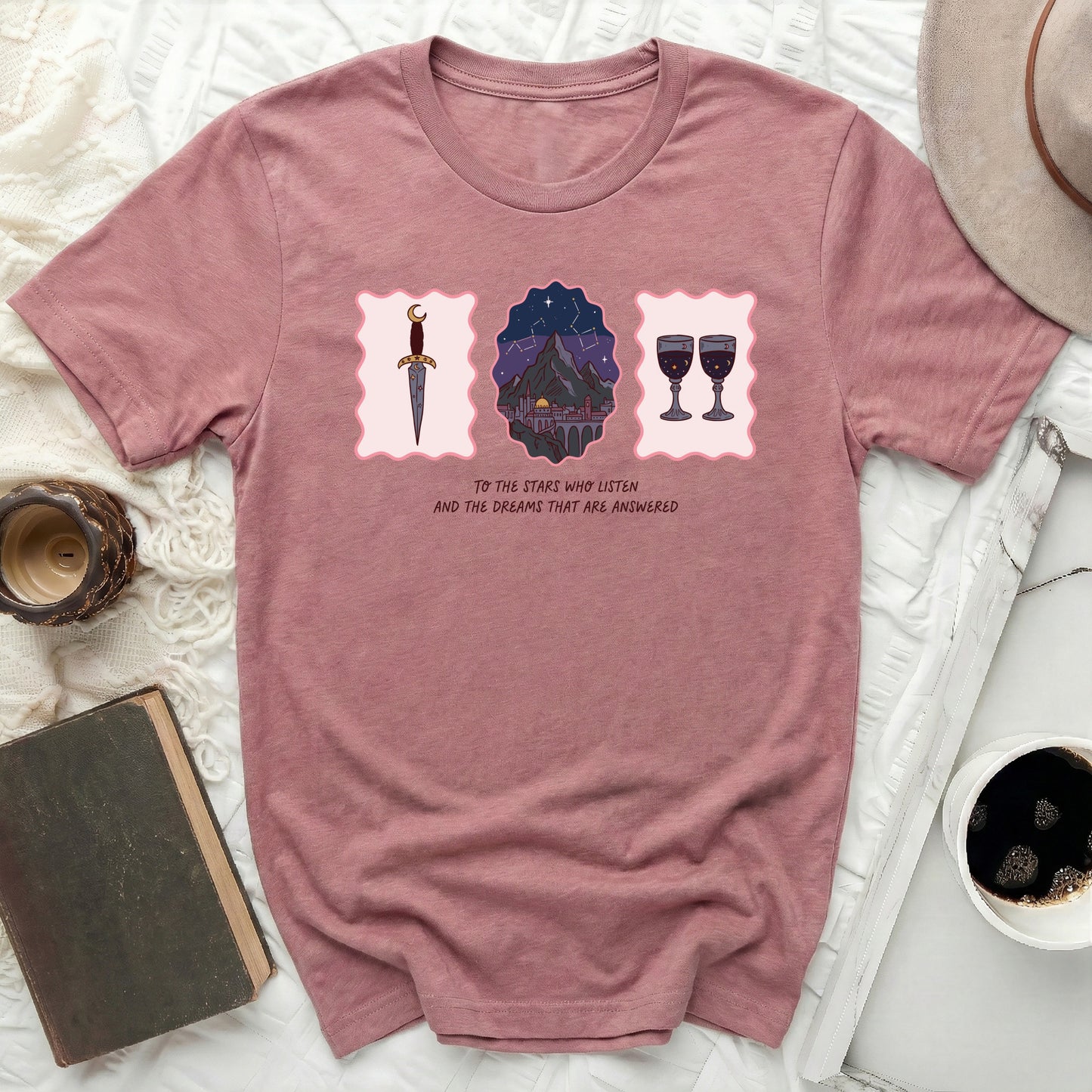 TO THE STARS WHO LISTEN AND THE DREAMS product type
ACOTAR shirt, SJM Fandom, Book lover gift, Night Court tee, Fantasy series, Literary apparel, Bookworm shirt, Stars design, Mountain art, Dagger imagery, Wine goblet, Quote tee, Gift for reader, Aesthetic clothing, Unique graphic, Pink graphic tee, Unisex top, Fae realm, Inner circle, Velaris inspired