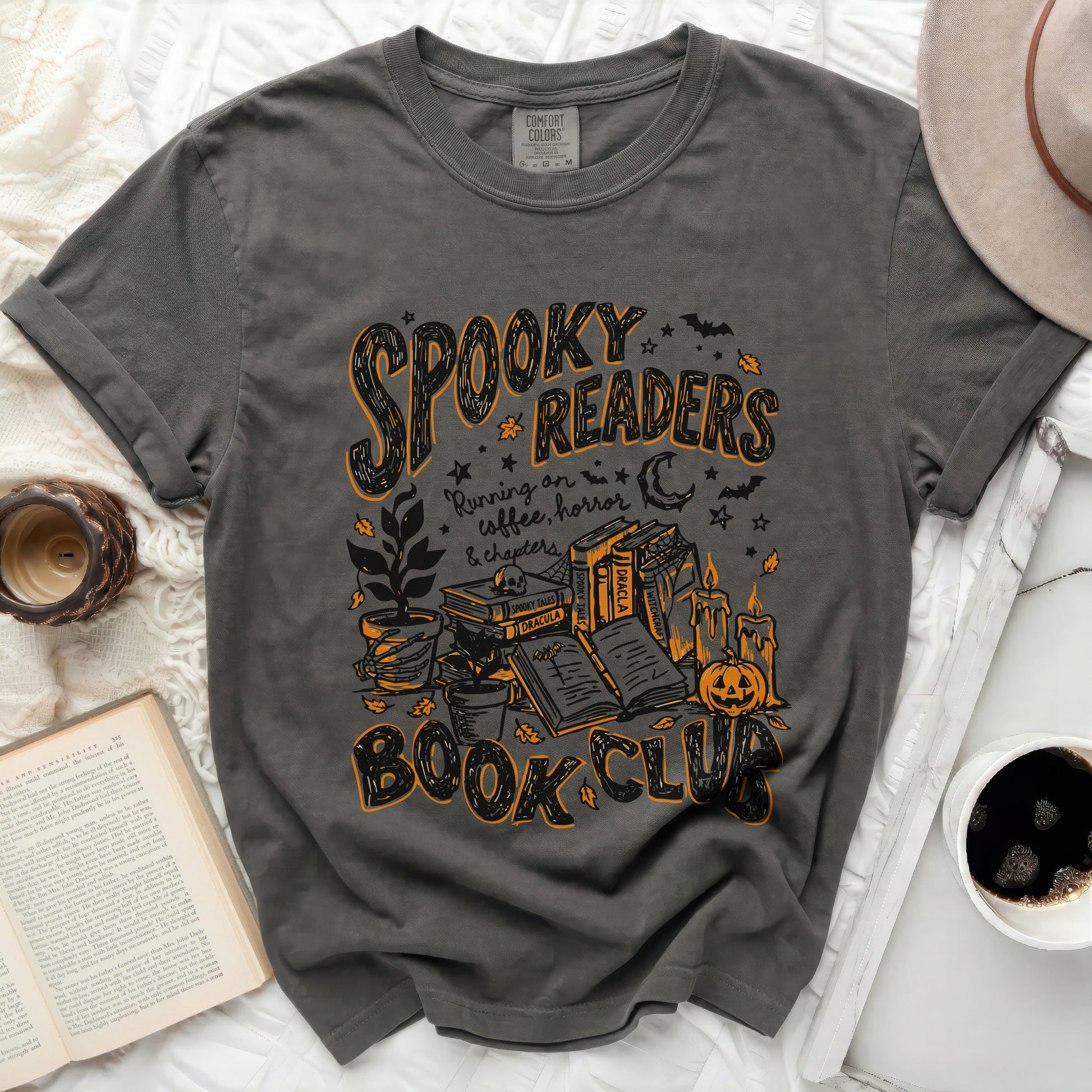 Dark grey t-shirt with "Spooky Readers Book Club" Halloween graphic.