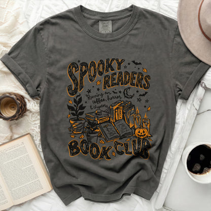 Dark grey t-shirt with "Spooky Readers Book Club" Halloween graphic.