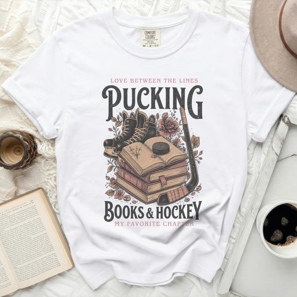 Pucking Books & Hockey Tee in White